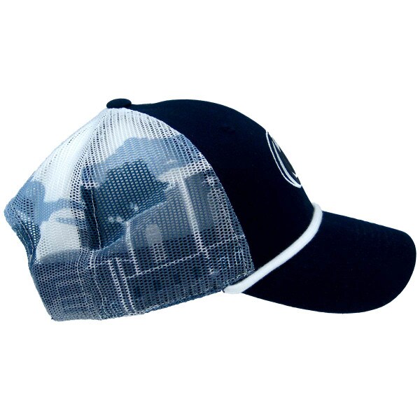 right side view of trucker hat with Penn State Athletic Logo and campus buildings on back mesh